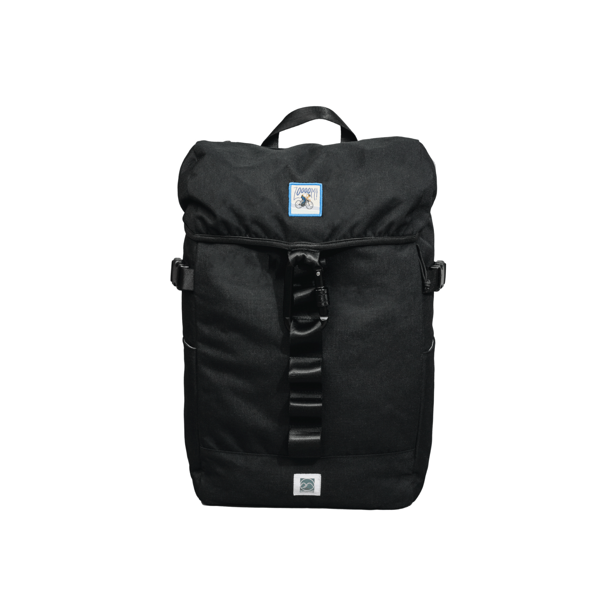 black rucksack backpack with patches